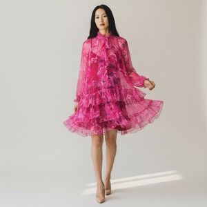 Johnny Was Dress Womens S Pink Jade Floral Tie Neck Ruffle Tiered Mini Boho